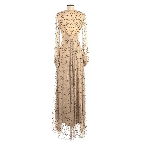 LoveShackFancy Maxi Dress Gown‎ Gold Nude Sequin Sparkle Glitter Tulle Holiday 0
